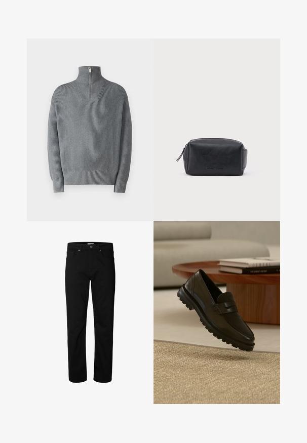 Grauer gerippter Pullover mit hohem, Reißverschluss-Kragen und langen Ärmeln. Verfügt über ein strukturiertes Strickmuster, hat eine entspannte Passform und elastische Bündchen.; Schwarze Jeans mit geradem Bein, Knopf- und Reißverschluss, Gürtelschlaufen und Taschen vorne und hinten, vor weißem Hintergrund dargestellt.; Schwarzer Lederloafer mit grober Profilsohle, der über einem strukturierten beigen Teppich, einem runden Holztisch und gestapelten Büchern im Hintergrund schwebt.; Schwarze, rechteckige Leder-Kosmetiktasche mit Reißverschluss und geprägt eingraviertem Markennamen auf der Vorderseite, vor einem schlichten weißen Hintergrund.