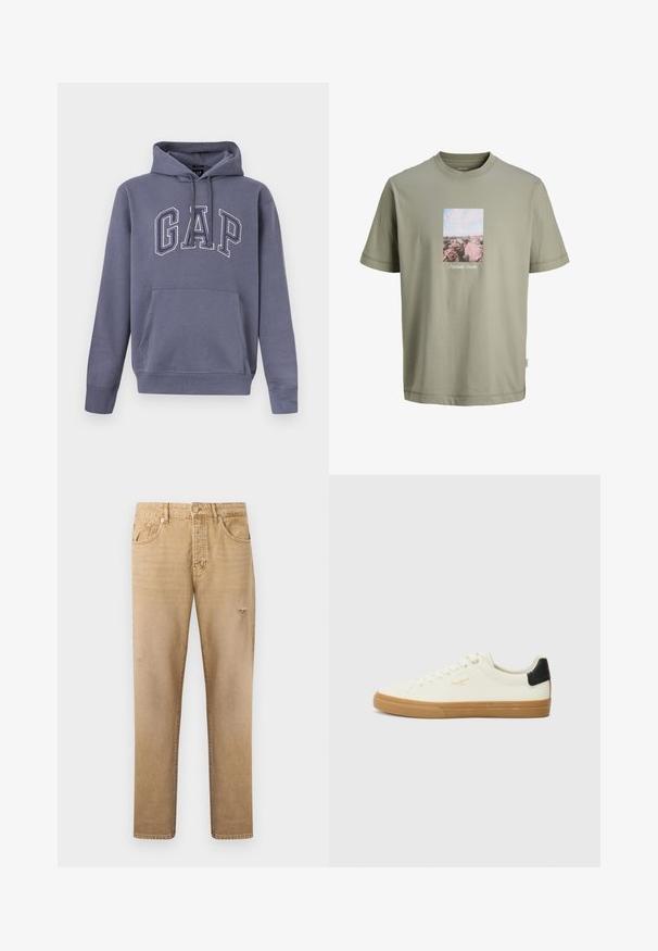 Sweat à capuche bleu-gris avec poche kangourou et "GAP" brodé en grandes lettres en contour sur la poitrine.; T-shirt vert olive clair à manches courtes avec une impression rectangulaire de rochers roses et ciel centrée sur la poitrine, avec un petit texte blanc sous l'impression.; Jean beige à jambes droites avec poches avant, passants pour ceinture et détails légèrement usés sur les cuisses et les genoux.; Sneaker en toile blanche avec une semelle en gomme, accent au talon noir, bout rond et design à lacets. Présente le logo de la marque en doré sur le côté.