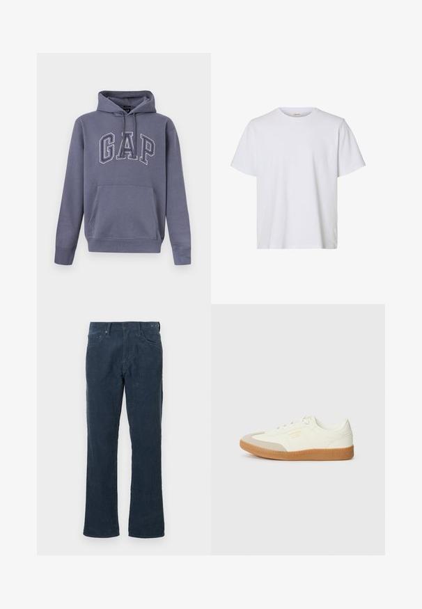 Sweat à capuche bleu-gris avec poche kangourou et "GAP" brodé en grandes lettres en contour sur la poitrine.; T-shirt blanc uni à manches courtes, col rond, coupe régulière et texture de tissu lisse, présenté sur fond blanc.; Pantalons en velours côtelé bleu marine avec une coupe droite, comportant des poches avant, une fermeture à bouton et une texture côtelée subtile.; Baskets en cuir blanc avec une coque beige et une semelle en caoutchouc marron clair. Dotées de lacets blancs plats et d'un logo embossé sur le côté.