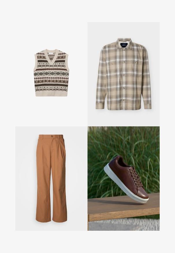 Les Deux HORDUR FAIR ISLE - Striktrøje - sand; Beige og brun ternet langærmet skjorte med knapper foran og to brystlommer, vist på en hvid baggrund.; Bukser med vide ben i et varmt brunt stof, med frontknaplukning, diskrete folder og en lige pasform for en afslappet komfort.; Brune lædersneakers med hvid gummisål, snørebåndsdesign, glat tekstur, afrundet tå og diskrete syninger.