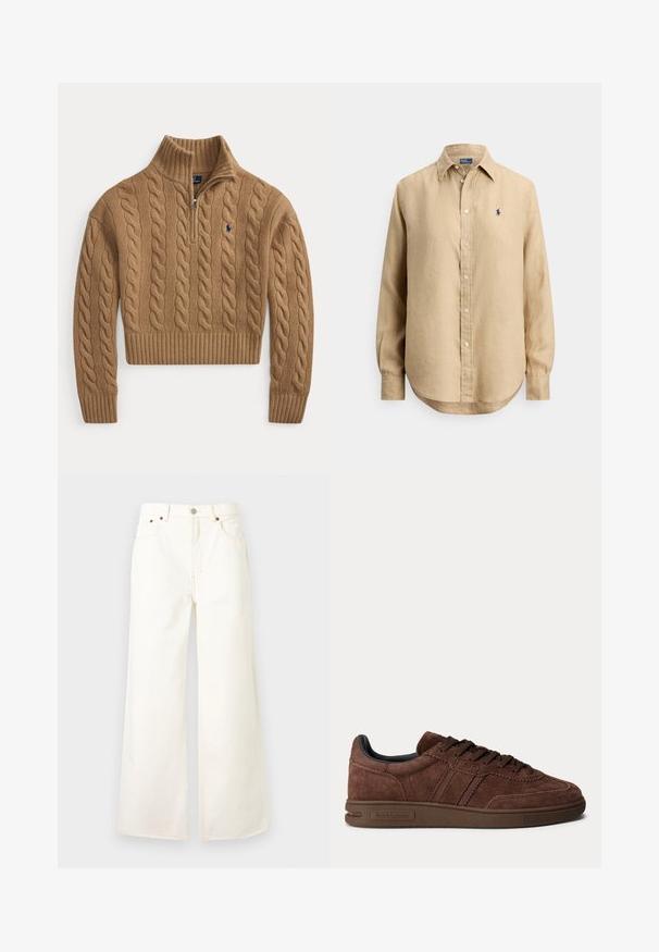 Brun kabelstrikket sweater med halvlange lynlås krave, ribstrikkede manchetter og kant samt lille broderet logo på brystet.; Beige langærmet skjorte med knapper, spids krave og lille marineblåt broderet logo på venstre bryst.; Hvidt vidtbenet jeans med høj talje, forrest med knap og lynlås, fem-lomme design og detaljer med kobbernitter.; Brun ruskind lavtop sneaker med snørelukning foran og tekstureret gummisål, mærket "Ralph Lauren" på siden.