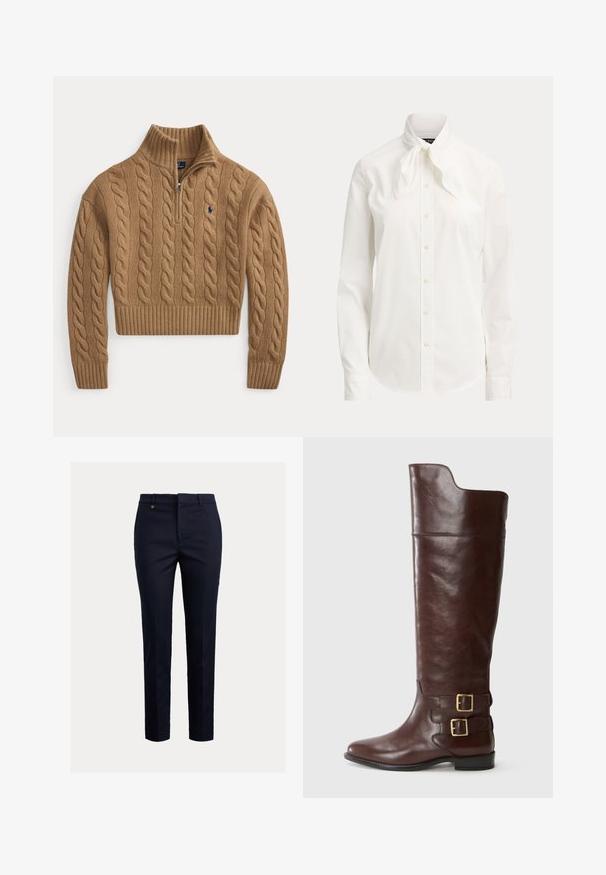 Pull marron en maille torsadée avec col à demi-fermeture éclair, poignets et ourlet côtelés, et petit logo brodé sur la poitrine.; Blouse blanche à manches longues avec des boutons sur le devant et un col noué en noeud sur un fond uni.; Pantalon chino marine en mélange de coton, coupe fuselée, devant plat, poches latérales et une poche arrière unique ; orné d'un petit logo doré.; Botte en cuir marron montante avec un bout arrondi, dotée de deux boucles en métal doré au niveau de la cheville et d'une texture lisse et polie.