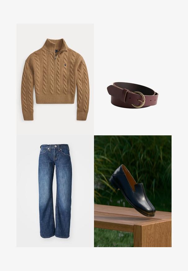 Brun kabelstrikket sweater med halvlange lynlås krave, ribstrikkede manchetter og kant samt lille broderet logo på brystet.; Mørkeblå denim jeans med lige ben-design, der har fem lommer og en knaplukning foran. Diskret falmning langs lårene.; Sort læder loaferbalancerende på kanten af et træbord med grønt løv i baggrunden.; Brunt læderbælte rullet sammen med en rund messing spænde og flere justeringshuller.