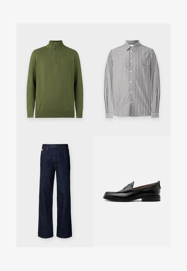 Pull tricoté en vert olive, avec un col demi-zip orné d'un anneau en métal, des poignets et un ourlet côtelés. Détail logo embossé sur la poitrine.; Chemise à manches longues rayée gris et blanc avec un col rabattu, présentant une poche poitrine et un tissu texturé.; Jean droit en denim bleu foncé avec design à cinq poches et fermeture par boutons, présenté sur un fond clair uni.; Mocassin homme en cuir noir avec couture moc toe, bride penny, col texturé et petit talon empilé sur fond blanc.