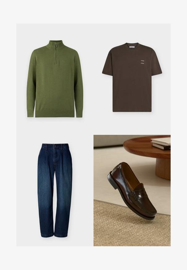 Pull tricoté en vert olive, avec un col demi-zip orné d'un anneau en métal, des poignets et un ourlet côtelés. Détail logo embossé sur la poitrine.; T-shirt marron foncé à manches courtes avec col rond, featuring un petit imprimé texte blanc "SAMSOE SAMSOE" sur la poitrine gauche.; Jean droit taille haute bleu foncé avec fermeture par bouton et fermeture éclair, passants de ceinture et détails de couture subtils sur fond blanc.; Mocassins en cuir marron au fini brillant, avec un détail cousu sur le devant et une semelle en caoutchouc noir à profil bas.