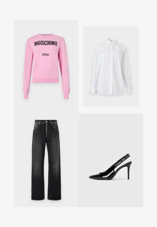 Pull en tricot à manches longues de couleur rose pâle avec "MOSCHINO" en grandes lettres noires et "Milano" en lettres noires plus petites sur le devant.; Chemise blanche à manches longues, boutonnée, avec un col et deux poches poitrine, chacune ornée d'un noeud décoratif près du haut.; Jean noir à jambe droite avec légère décoloration, design à cinq poches et fermeture par bouton sur un fond blanc uni.; Escarpin noir en cuir verni avec un design à bout pointu,Featuring une section découpée et une sangle élastique embossée du nom de la marque.