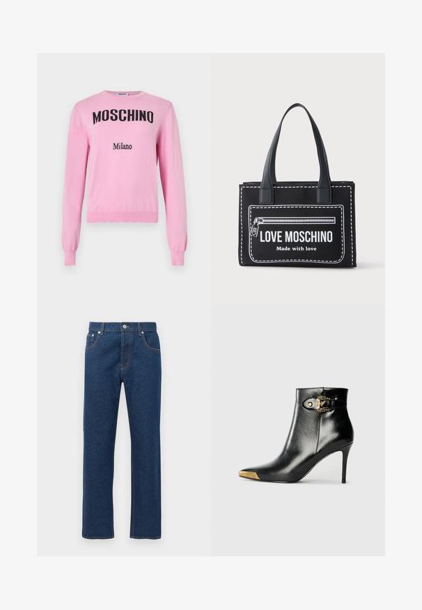Pull en tricot à manches longues de couleur rose pâle avec "MOSCHINO" en grandes lettres noires et "Milano" en lettres noires plus petites sur le devant.; Jean en denim bleu foncé à jambes droites avec poches avant et arrière, passants de ceinture, fermeture à bouton et couture orange visible.; Bottine noire en cuir brillant, avec un bout pointu, un talon aiguille, et des accessoires dorés ornés d'une boucle décorative.; Sac cabas noir avec bordure blanche cousue, motif de fermeture éclair à l'avant et texte imprimé "LOVE MOSCHINO Made with love", avec doubles poignées.