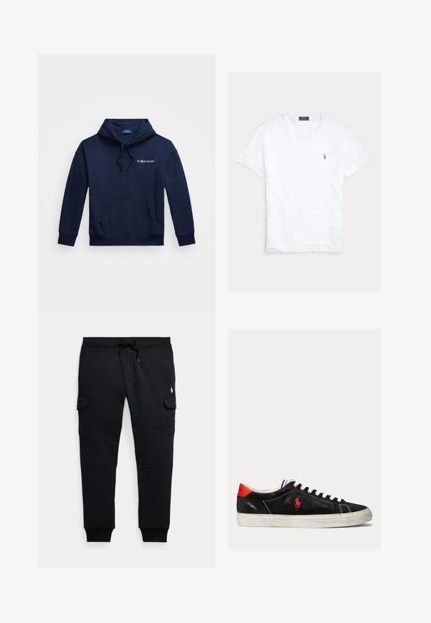 Marineblå hættetrøje lavet af en bomuldsblanding, med en frontlomme, snoretræk til hætten og broderet logo på venstre bryst.; Hvid T-shirt med rund hals og korte ærmer med lille broderet Polo Ralph Lauren-logo på venstre bryst og blå mærkeetiket indvendigt i kraven.; Sorte cargo joggebukser med snøre i taljen, sidelommer med klap, ribkantsmanchetter og lille hvid polo spiller logo på højre lår.; Sorte ruskind sneakers med hvide snørebånd, røde accenter på hælen og et lille rødt logo. Har en flad gummisål og enkel syning.
