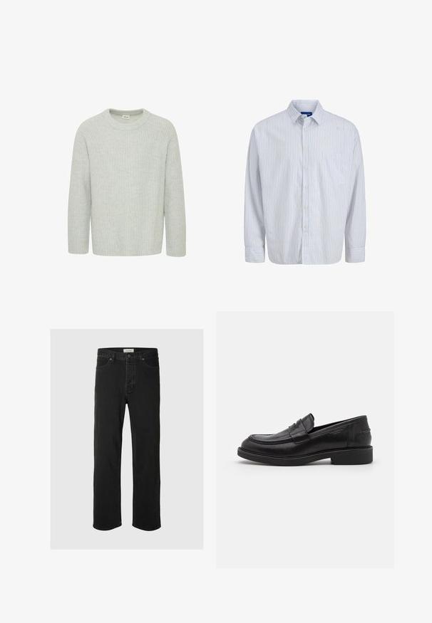 Suéter de punto acanalado gris claro con escote redondo y mangas de tres cuartos, que presenta un patrón texturizado y un ajuste holgado.; Camisa blanca de manga larga con botones, rayas verticales rojas finas, bolsillo en el pecho, cuello y puños abotonados.; Los jeans rectos de mezclilla negra presentan un diseño clásico de cinco bolsillos con cierre de botón, costuras mínimas y una textura suave.; Mocasines de cuero negro con puntera redondeada, costuras tonales y un detalle de tira en la parte frontal. Suela de goma con un tacón bajo.