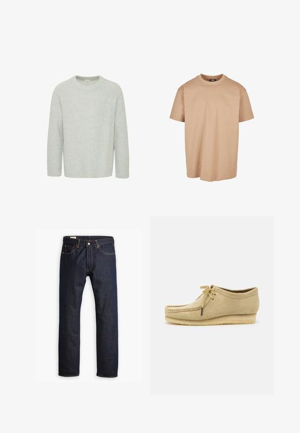 Suéter de punto acanalado gris claro con escote redondo y mangas de tres cuartos, que presenta un patrón texturizado y un ajuste holgado.; Camiseta de algodón beige con cuello redondo, mangas cortas y un corte relajado; presenta una textura suave y un diseño minimalista.; Jeans de mezclilla azul oscuro con un diseño de pierna recta, costuras naranjas y estilo de cinco bolsillos con cierre de botón metálico.; Zapato de ante beige con diseño de cordones, detalles cosidos y suela de goma. La forma es casual con un ligero tacón en cuña.
