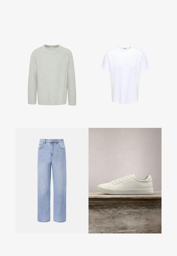 Suéter de punto acanalado gris claro con escote redondo y mangas de tres cuartos, que presenta un patrón texturizado y un ajuste holgado.; Camiseta blanca lisa de manga corta con cuello redondo y etiqueta pequeña de la marca en el interior del cuello.; Jeans de mezclilla de color azul claro con un diseño relajado y de pierna ancha. Las características incluyen cinco bolsillos, un cierre de botón en el frente y un desvanecimiento sutil.; Zapatilla blanca con cordones flotando sobre un banco de madera con follaje verde al fondo, mostrando el diseño y la textura del zapato.