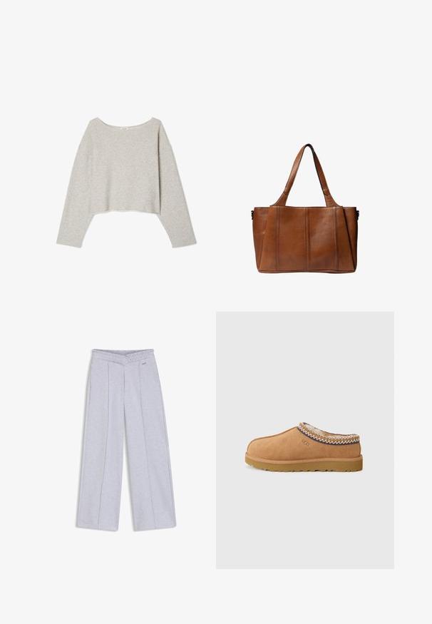 Lys grå, cropped sweater lavet af blød stof, med en bred udskæring og lange ærmer i en afslappet pasform. Syet kantdetalje.; Lysegrå vidde bukser med elastisk talje og diskrete lodrette sømme, med en lille "hugo" logo på højre side.; Tan ruskinds slip-on sko med et tekstureret uldfor og dekorativ etnisk-inspireret stitching rundt om kraven. Har gummisål.; Brun læder tote taske med to lange håndtag, en struktureret form og subtil tekstur med lodrette sømdetaljer.