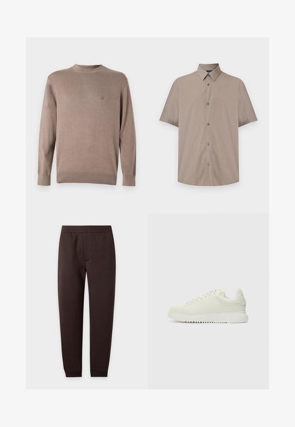 Pull en maille marron avec un col rond, des poignets et un ourlet côtelés. Présente un petit logo brodé sur la poitrine dans une couleur assortie.; Chemise beige à manches courtes avec boutons et col pointu, présentée sur un fond blanc uni.; Pantalon de jogging slim marron foncé avec taille élastique et chevilles bordées, détail de couture avant sur fond uni.; Baskets blanches en cuir avec un dessus texturé, bout rond, semelle plate blanche et lacets ton sur ton. Marque discrète sur la languette.