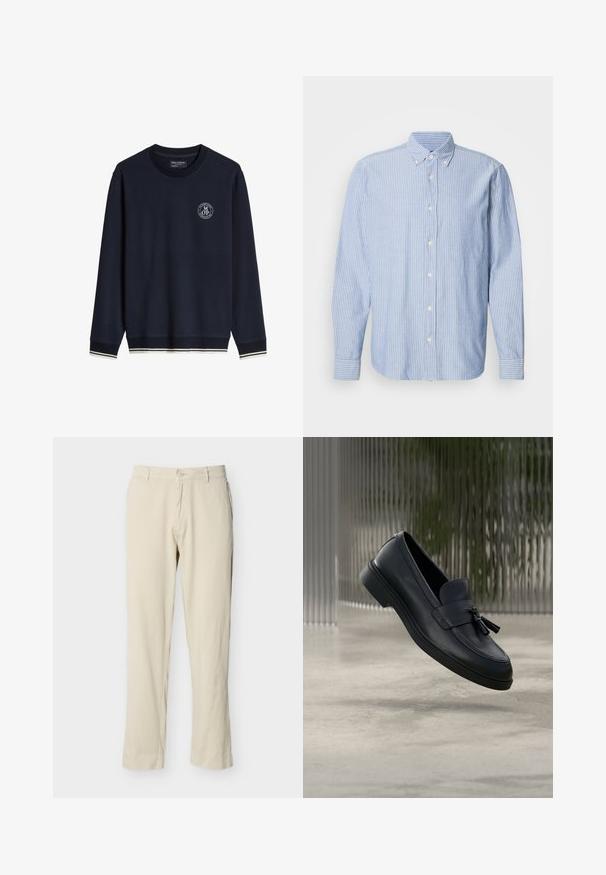Sweat-shirt bleu marine à manches longues avec logo blanc sur la poitrine gauche et bordure rayée blanche sur les poignets et l'ourlet.; Chemise à boutons en bleu clair avec des rayures blanches, dotée d'un col classique et de manches longues. Fabriquée en tissu tissé avec une texture lisse.; Pantalon beige à jambes droites avec passants pour ceinture, fermeture par bouton, et poches avant, présenté sur un fond blanc uni.; Mocassins en cuir noir avec une texture lisse, un bout arrondi et des pampilles décoratives à l'avant. Semelle en caoutchouc flexible avec un petit talon.