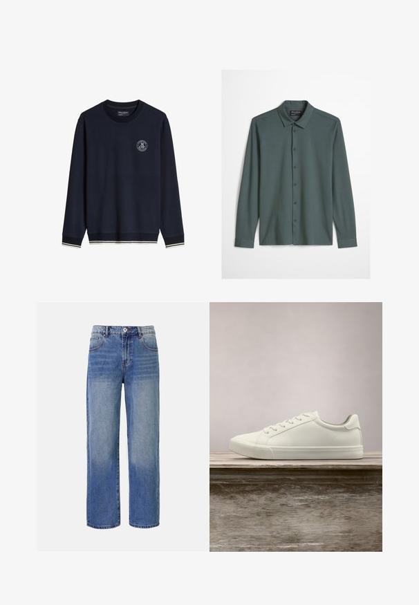 Sweat-shirt bleu marine à manches longues avec logo blanc sur la poitrine gauche et bordure rayée blanche sur les poignets et l'ourlet.; Chemise pour homme à manches longues avec boutons, de couleur bleu-gris atténué, dotée d'un col classique et d'un logo brodé discret sur la poitrine.; Jeans en denim bleu clair à jambes larges avec un motif délavé, cinq poches et une fermeture à glissière. Comprend un bouton et des passants de ceinture à la taille.; Sneaker en dentelle blanche flottant au-dessus d'un banc en bois avec un feuillage vert en arrière-plan, mettant en valeur le design et la texture de la chaussure.