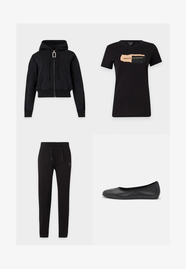 Sweat à capuche noir zippé avec poches kangourou à l'avant, poignets et ourlet côtelés, capuche à cordon et une grande tirette argentée.; T-shirt noir en coton, avec un design graphique affichant "ARMANI EXCHANGE" en pêche clair et des accents texturés noirs. Coupe classique.; Pantalon de survêtement noir slim avec taille élastique et cordon, avec petit logo "EA7 Emporio Armani" sur la cuisse gauche.; Ballerines en cuir noir avec un bout rond, texture lisse, détails de couture minimalistes et design de semelle flexible.
