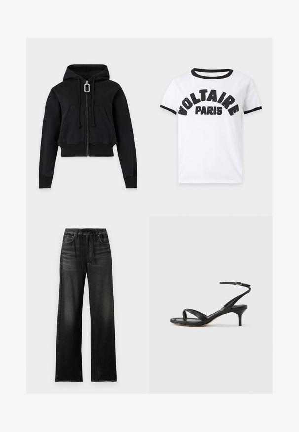 Sweat à capuche noir zippé avec poches kangourou à l'avant, poignets et ourlet côtelés, capuche à cordon et une grande tirette argentée.; T-shirt blanc à manches courtes avec bordure noire au col et aux manches, texte brodé noir "VOLTAIRE PARIS" sur la poitrine.; Jean large noir en denim avec taille élastique et cordon, doté de poches avant et de détails légèrement décolorés.; Sandale pour femme en cuir noir avec fines lanières, une boucle d'orteil, une boucle à la cheville et un talon aiguille de hauteur moyenne sur un fond neutre.