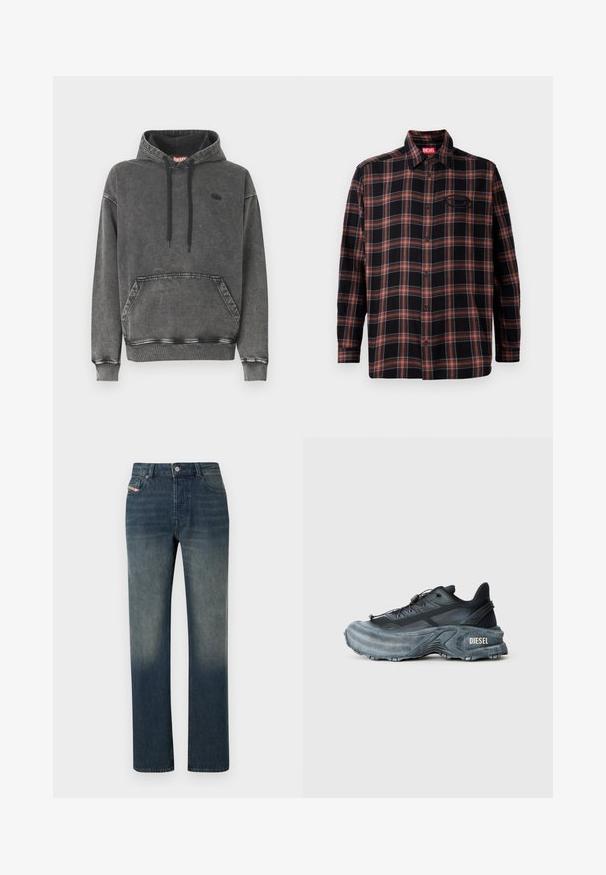 Hoodie en denim gris avec une poche avant, des cordons noirs et un logo discret sur la poitrine. Comprend des poignets et un ourlet côtelés.; Chemise à carreaux noire et rouge avec un devant à boutons, des manches longues et une étiquette sur le col. Présente des coutures contrastées et une poche plaquée.; Jean en denim bleu à jambe droite avec lavage délavé, fermeture avant par bouton et fermeture éclair, et design à cinq poches.; Baskets Diesel noires et grises avec semelle épaisse, système de laçage à bascule et design texturé sur fond gris clair uni.