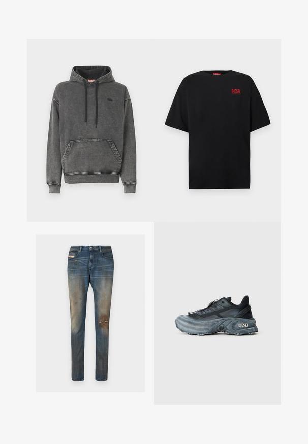 Hoodie en denim gris avec une poche avant, des cordons noirs et un logo discret sur la poitrine. Comprend des poignets et un ourlet côtelés.; T-shirt noir en coton, avec des manches courtes, un col rond, et un logo rouge "DIESEL" sur le côté gauche de la poitrine.; Jean en denim bleu à coupe slim, avec un léger délavage, des zones usées, et un design classique à cinq poches incluant une petite étiquette logo.; Baskets Diesel noires et grises avec semelle épaisse, système de laçage à bascule et design texturé sur fond gris clair uni.