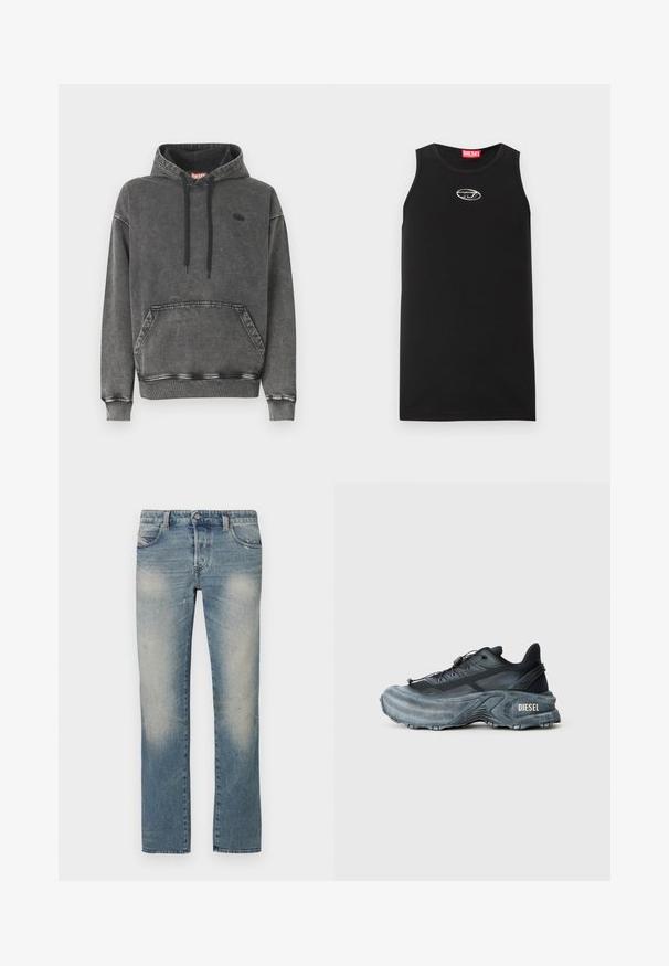 Hoodie en denim gris avec une poche avant, des cordons noirs et un logo discret sur la poitrine. Comprend des poignets et un ourlet côtelés.; Débardeur noir sans manches en coton. Présente un col rond et un petit logo Diesel blanc sur la poitrine. Texture lisse.; Jean droit en denim bleu clair avec zones délavées, cinq poches et fermeture à bouton. Le tissu présente de légers effets d'usure et des marques d'usure.; Baskets Diesel noires et grises avec semelle épaisse, système de laçage à bascule et design texturé sur fond gris clair uni.