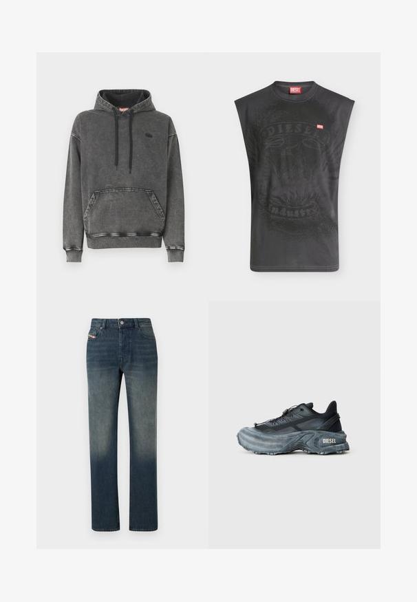 Hoodie en denim gris avec une poche avant, des cordons noirs et un logo discret sur la poitrine. Comprend des poignets et un ourlet côtelés.; T-shirt noir sans manches Diesel avec un graphisme subtil d'aigle et un petit patch logo Diesel rouge sur la poitrine.; Jean en denim bleu à jambe droite avec lavage délavé, fermeture avant par bouton et fermeture éclair, et design à cinq poches.; Baskets Diesel noires et grises avec semelle épaisse, système de laçage à bascule et design texturé sur fond gris clair uni.