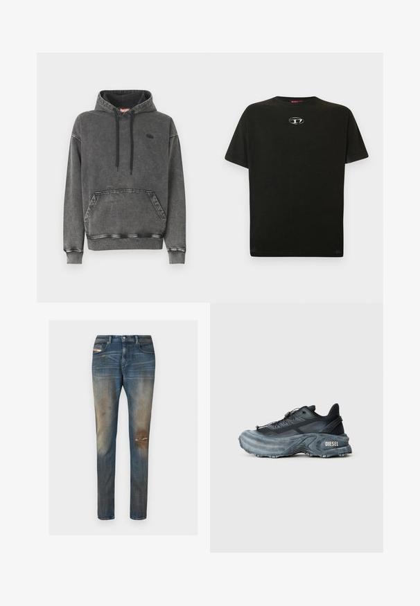 Hoodie en denim gris avec une poche avant, des cordons noirs et un logo discret sur la poitrine. Comprend des poignets et un ourlet côtelés.; T-shirt en coton noir à manches courtes, col rond, avec un petit logo métallique sur la poitrine. Texture lisse et coupe droite.; Jean en denim bleu à coupe slim, avec un léger délavage, des zones usées, et un design classique à cinq poches incluant une petite étiquette logo.; Baskets Diesel noires et grises avec semelle épaisse, système de laçage à bascule et design texturé sur fond gris clair uni.