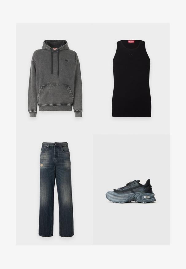 Hoodie en denim gris avec une poche avant, des cordons noirs et un logo discret sur la poitrine. Comprend des poignets et un ourlet côtelés.; Débardeur noir Diesel avec col rond, petit logo ton sur ton sur la poitrine et étiquette rouge à l'intérieur du col sur fond blanc.; Jean en denim bleu coupe décontractée, avec des détails usés et un lavage délavé, cinq poches et une fermeture éclair.; Baskets Diesel noires et grises avec semelle épaisse, système de laçage à bascule et design texturé sur fond gris clair uni.