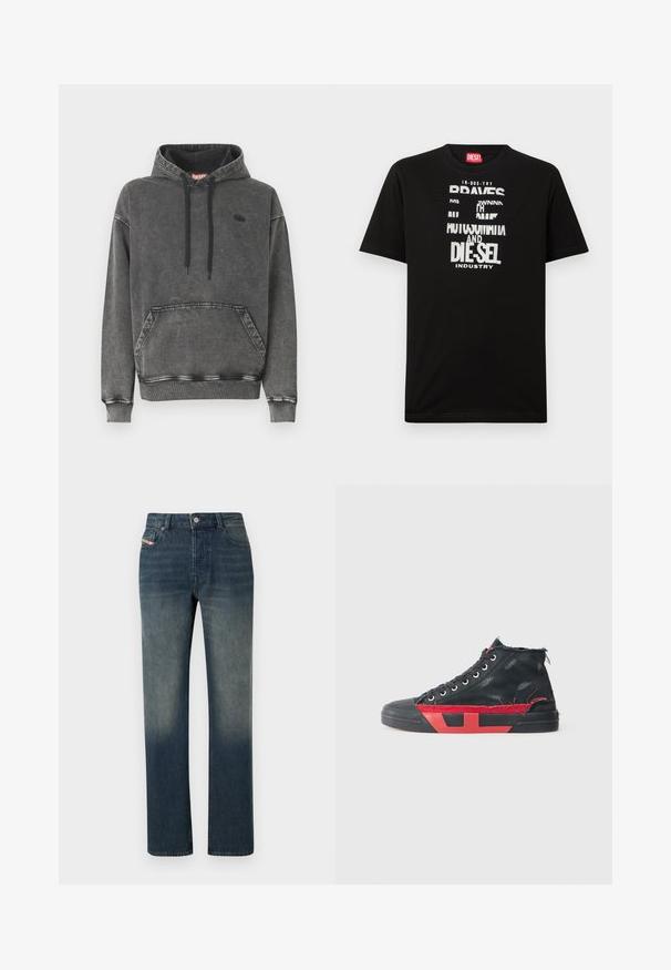 Hoodie en denim gris avec une poche avant, des cordons noirs et un logo discret sur la poitrine. Comprend des poignets et un ourlet côtelés.; T-shirt noir en coton avec des graphismes textuels blancs audacieux, incluant "DIESEL" et "INDUSTRY", avec un col rond et des manches courtes.; Jean en denim bleu à jambe droite avec lavage délavé, fermeture avant par bouton et fermeture éclair, et design à cinq poches.; Baskets montantes noires avec des accents rouges et une finition usée. Caractérisées par une tige en toile texturée et une semelle en caoutchouc avec un design découpé.