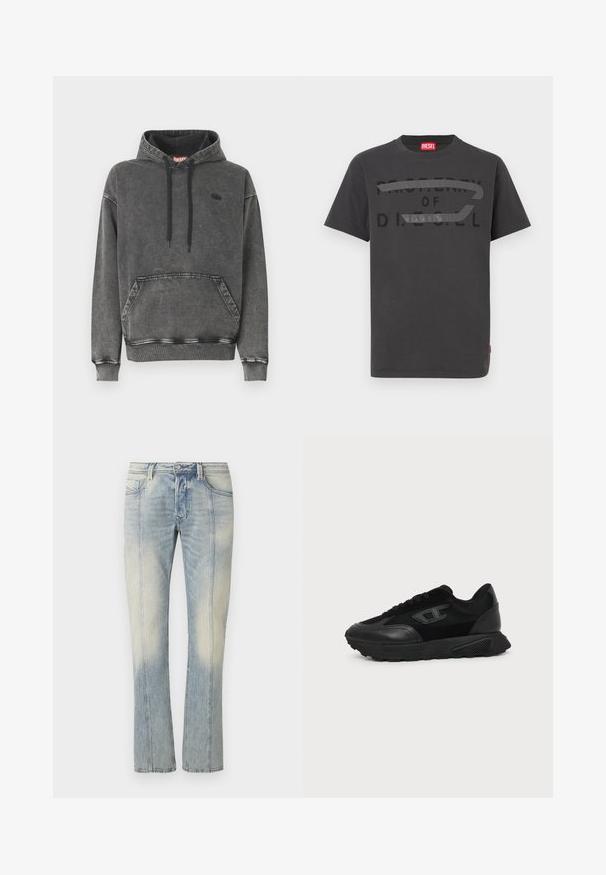Hoodie en denim gris avec une poche avant, des cordons noirs et un logo discret sur la poitrine. Comprend des poignets et un ourlet côtelés.; T-shirt en coton gris avec un texte noir audacieux indiquant "PROPERTY OF D.I.E.S.E.L.", à la texture lisse et manches courtes.; Jean en denim bleu clair avec une coupe droite, couture double, poches avant et finition délavée. Aucun logo visible.; Baskets basses noires avec semelle texturée, dessus en mesh et cuir, fermeture à lacets devant, et petit logo embossé sur le panneau latéral.