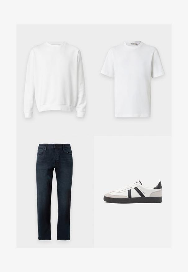 Sweatshirt blanc à col rond fabriqué en coton doux. Manches longues, poignets et ourlet côtelés, texture lisse et design minimaliste.; T-shirt blanc à manches courtes en maille gaufrée avec col rond, petite étiquette de marque à l'intérieur du col, présenté sur un fond uni.; Jean bleu foncé, en denim, avec une coupe droite, une fermeture à bouton et zip à l'avant, et cinq poches.; Baskets blanches avec des accents noirs et gris, présentant un embout texturé gris, une semelle en caoutchouc noir et des lacets plats blancs. Design épuré, style minimaliste.