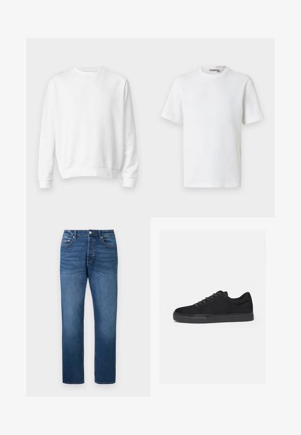 Λευκή μπλούζα crewneck από μαλακό βαμβακερό ύφασμα. Μακριά μανίκια, ribbed μανσέτες και στρίφωμα, ομαλή υφή και μινιμαλιστικός σχεδιασμός.; Λευκό κοντομάνικο μπλουζάκι με υφή από ύφασμα βατράχου και στρογγυλή λαιμόκοψη, με μικρή ετικέτα μάρκας στο εσωτερικό του γιακά, παρουσιασμένο σε απλό φόντο.; Μπλε τζιν με ίσια γραμμή, κουμπί μπροστά και φερμουάρ, στιλ με πέντε τσέπες, με διακριτική φθορά στους μηρούς και τα γόνατα, απλωμένο επίπεδα σε λευκό φόντο.; Μαύρο sneaker χαμηλού τύπου με κορδόνια εμπρός και επίπεδη λαστιχένια σόλα, εμφανίζεται από το πλάι σε λευκό φόντο.