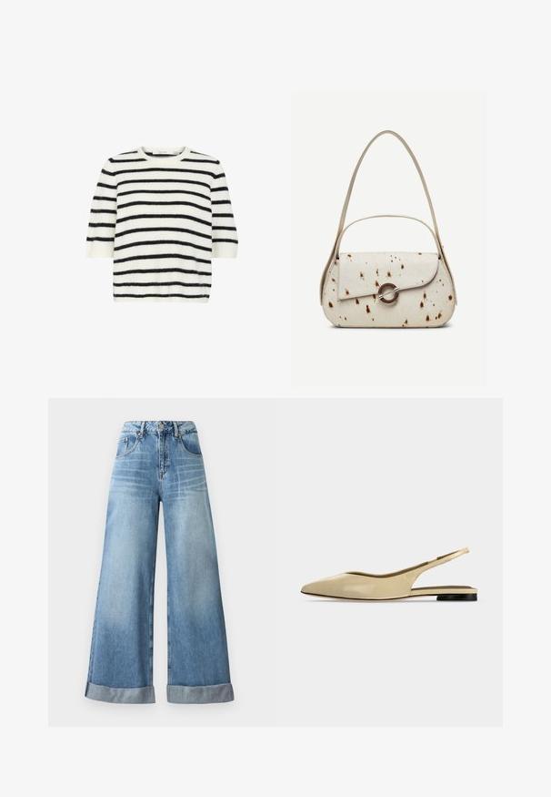 Pull à manches courtes en tissu doux et duveteux, présentant des rayures horizontales noires et blanches, un col rond et une coupe décontractée.; Jeans en denim bleu clair à jambe large avec taille haute, dotés d'une fermeture à bouton, de cinq poches et de revers au bas.; Chaussure plate beige à bout pointu avec bride arrière, petit talon noir et finition en cuir lisse, vue de côté sur un fond uni.; Sac à main couleur crème avec des taches marron, rabat incurvé avec une fermeture métallique circulaire, doté de deux fines anses, dont une plus longue pour porter à l'épaule.