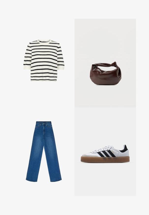 Korte mouwen trui van zachte, fuzzy stof met horizontale zwart-witte strepen, ronde halslijn en een losse pasvorm.; High-waisted, wijde jeans gemaakt van blauwe denim. Kenmerkt zich door een rechte snit, klassieke stiksels, voorzakken en een knoopsluiting.; Witte leren sneakers met zwarte strepen, gumrubberen buitenzool, ronde neus, vetersluiting en een zachte grijze suède neuskap.; Donkerbruine leren schoudertas met een zachte, slungelige vorm en een gedraaide knoopvormige handgreep op een effen witte achtergrond.