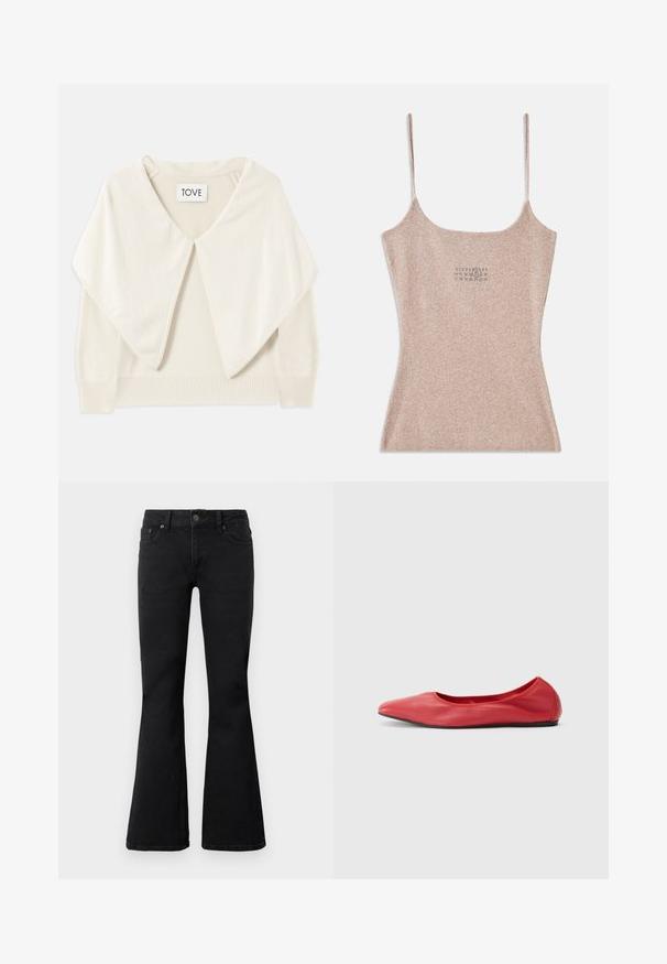 Cremefarvet strikket sweater med bred krave, lange ærmer og ribbet kant. Blød tekstur og minimalistisk design. Mærket siger "TOVE."; Ribbet, beige top med tynde justerbare stropper. Har en firkantet udskæring og en lille trykt detalje nær midten.; Sorte højtaljede jeans med frontknap og lynlås lukning, to forlommer og udvidede ben, lagt flad på hvid baggrund.; Filippa K REY FLATS - Ballerinasko - bright red