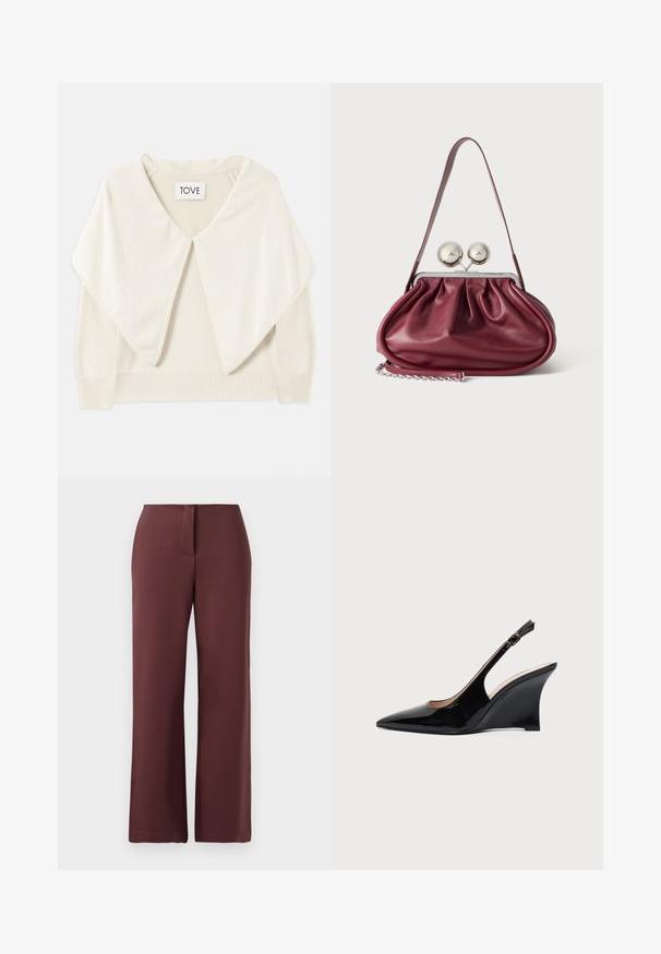 Cremefarvet strikket sweater med bred krave, lange ærmer og ribbet kant. Blød tekstur og minimalistisk design. Mærket siger "TOVE."; Bordeaux brede bukser lavet af glat stof, med lynlås, skræddersyet pasform og rene linjer for et struktureret udseende.; Sort laklæder kilehæl sandal med spids tå og justerbar ankelrem på hvid baggrund.; Lille bordeaux læderhåndtaske med rynkede detaljer, en tynd rem og en sølvspænde med to store runde knopper.
