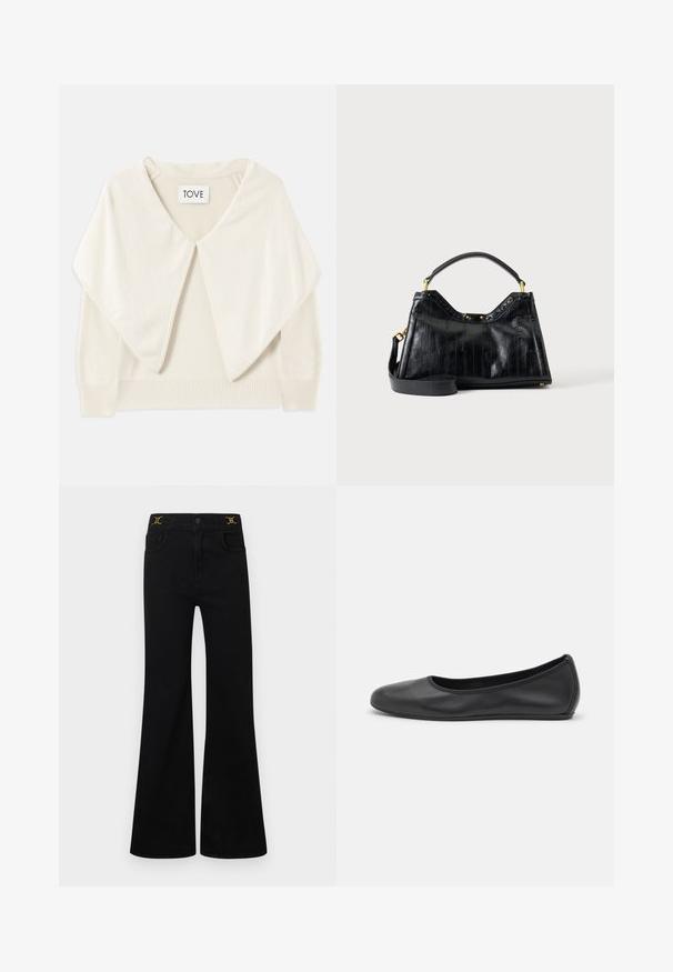 Pull en maille couleur crème avec un large col, des manches longues et un ourlet côtelé. Texture douce et design minimaliste. Étiquette portée "TOVE."; Jean noir évasé avec taille haute, cinq poches, détails en métal doré, et une texture denim lisse.; Ballerines en cuir noir avec un bout rond, texture lisse, détails de couture minimalistes et design de semelle flexible.; Sac à main en cuir noir avec lignes verticales texturées, poignée courte, bandoulière longue amovible et détails métalliques dorés sur fond uni.