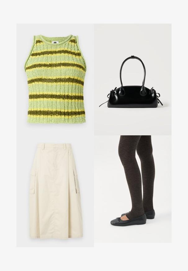 Un haut sans manches tricoté vert clair avec des rayures horizontales vert foncé et jaunes, texture côtelée et encolure ronde.; Jupe beige, longueur genou, en coton. Présente deux poches cargo sur les côtés et un pli à l'avant, avec une taille et une fermeture éclair cachée.; Jambes portant des leggings côtelés foncés associés à des ballerines noires avec de petits détails en nœud sur fond blanc.; Petit sac à main noir brillant avec deux longues anses et des détails à cordon sur les côtés sur un fond clair uni.