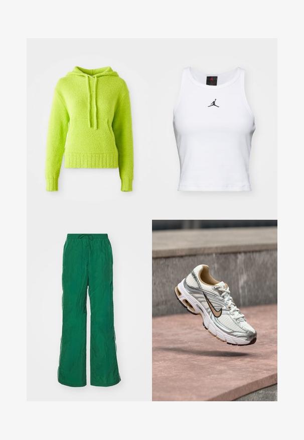 Λαχανί, φουντωτός hoodie με υφασμάτινη επιφάνεια, κουκούλα με κορδόνι και ριμπ μανσέτες και στρίφωμα. Διαθέτει χαλαρή εφαρμογή και μαλακό υλικό.; Λευκό κροπ τοπ από βαμβάκι με ριγέ υφή. Διαθέτει μαύρο λογότυπο Jordan στο κέντρο και κλασικό στρογγυλό λαιμό.; Πράσινα παντελόνια σε φαρδιά γραμμή, φτιαγμένα από ελαφρύ υλικό, με ελαστική μέση και κορδόνι ρύθμισης, καθώς και λευκές ρίγες στα πλάγια.; Λευκό και ασημένιο παπούτσι για τρέξιμο Nike με μπεζ λογότυπο Swoosh, εμφανίζεται στον αέρα πάνω από μια πέτρινη επιφάνεια με θολό γκρι τοίχο στο φόντο.