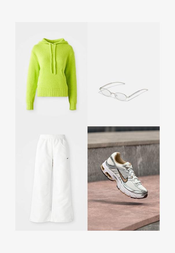 Haut en hoodie vert lime, moelleux, avec une surface texturée, une capuche à cordons et des bords côtelés. Caractéristiques : coupe décontractée et matériau doux.; Pantalons de sport blancs à design large, avec une taille élastique et un petit logo Nike noir sur le côté gauche. Matériau lisse et léger.; Chaussure de course Nike blanche et argentée avec un logo Swoosh beige, montrée en suspension au-dessus d'une surface en pierre avec un mur gris flou en arrière-plan.; Lunettes ovales avec une monture métallique argentée, verres transparents et accents de branches texturées avec perles. Design léger avec des branches courbées.
