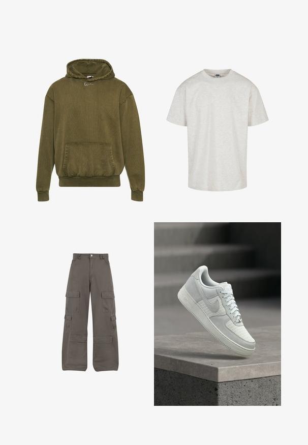 Olivenfarvet hættejakke lavet af struktureret stof, med en frontlomme, ribbede manchetter og kant, samt en hætte med snoretræk og logodesign.; Lys grå bomulds T-shirt med kortærmer, rund halsudskæring og afslappet pasform. Tekstureret stof med et subtilt meleret mønster.; Cargo bukser i mørkegrå bomuld med brede ben, flere sidelommer og syningsdetaljer. Har en frontlukkering med knap.; Hvid Nike Air Force 1 sneaker med mesh og læderpaneler, snørebånd bundet, svævende over en betonrækværk mod en sløret baggrund af trapper.