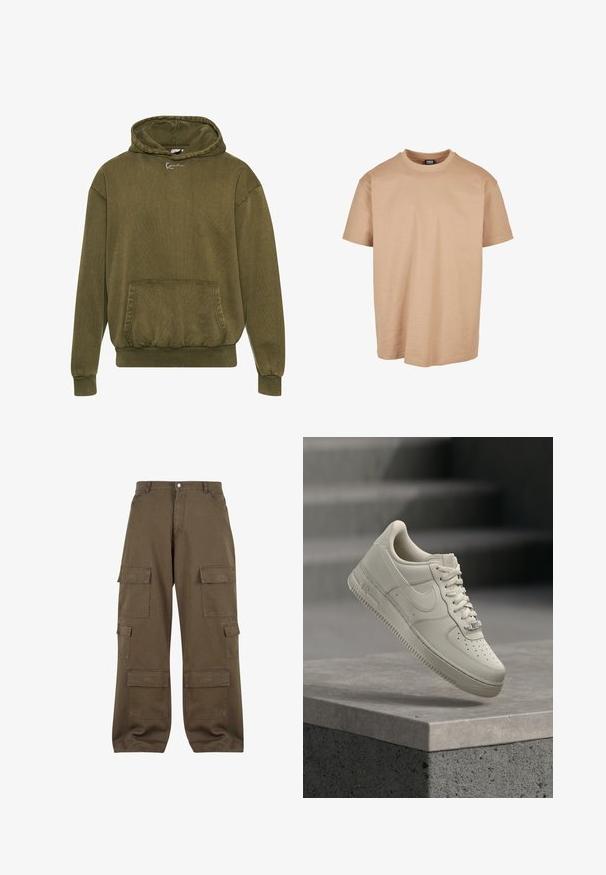 Olivenfarvet hættejakke lavet af struktureret stof, med en frontlomme, ribbede manchetter og kant, samt en hætte med snoretræk og logodesign.; Beige bomulds t-shirt med rund hals, korte ærmer og en afslappet pasform; har en glat tekstur og et minimalistisk design.; Cargo bukser i olivengrøn bomuld, med flere sidelommer, knaplukning og afslappet pasform.; En enkelt beige sneaker med snørebånd svæver over en grå betonoverflade, Nike-swoosh synlig, sløret baggrund med trappe.