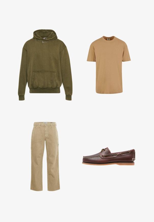 Olivovo zelená mikina s kapucňou z textúrovaného materiálu, obsahujúca predné vrecko, rebrované manžety a lem, s kapucňou so šnúrkami a detailom loga.; Urban Classics SHORTSLEEVE - Základné tričko - unionbeige; Bežové cargo nohavice so širokým strihom, vyrobené z odolného materiálu. Vlastnosti zahŕňajú bočné vrecká a štandardné zapínanie na gombík.; Hnedá kožená lodná topánka s bielym prešívaním, detailmi na šnúrky a svetlohnedou gumovou podrážkou, zobrazená z boku na bielom pozadí.