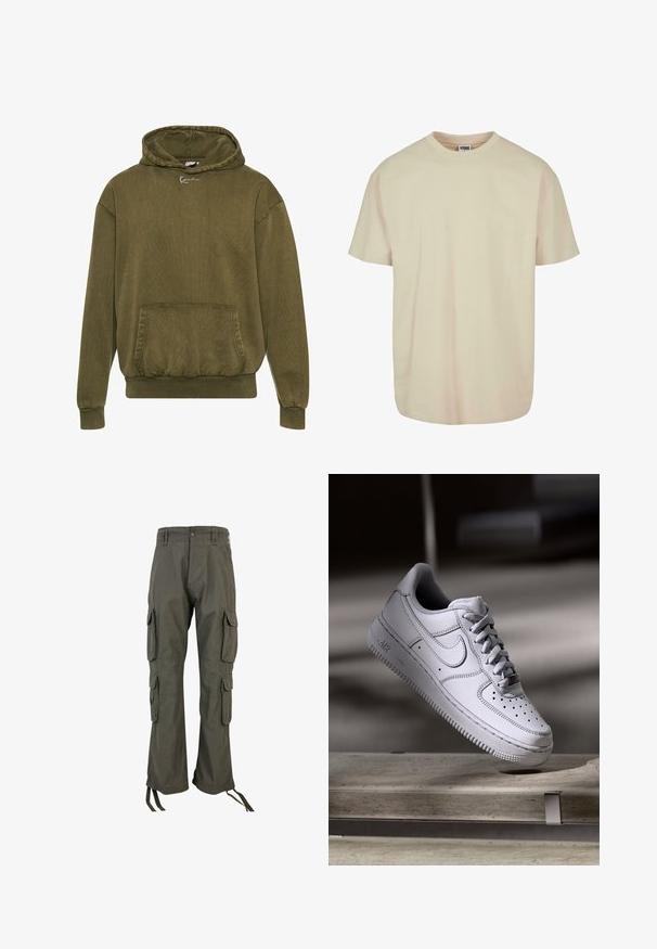 Olivenfarvet hættejakke lavet af struktureret stof, med en frontlomme, ribbede manchetter og kant, samt en hætte med snoretræk og logodesign.; Kortærmet t-shirt i lys beige bomuld med rund halsudskæring, med en afslappet pasform og glat tekstur, ingen synlige mønstre eller detaljer.; Grønne cargo-bukser lavet af bomuldsblanding, med flere sidelommer, en afslappet pasform og justerbare stropper ved anklerne.; Hvid læder Nike Air Force 1 sneaker med perforeret tå, flade snørebånd og tekstureret gummisål med "AIR" branding på siden.