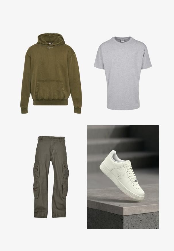 Olivenfarvet hættejakke lavet af struktureret stof, med en frontlomme, ribbede manchetter og kant, samt en hætte med snoretræk og logodesign.; Grå bomulds t-shirt med rund halsudskæring og korte ærmer. Simpelt design, ingen mønstre eller accenter. Klassisk afslappet pasform.; Cargo bukser lavet af olivengrønt bomuld, med flere sidelommer, en afslappet pasform og forstærkede syninger for holdbarhed.; Hvid lædersneaker med lavprofildesign, tekstureret overflade, perforeringer på tåen og sølvfarvede detaljer på snørebånd og mærkning.