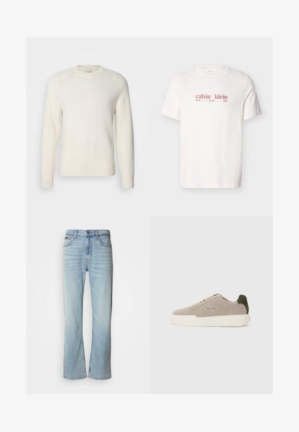 Pull blanc à manches longues en tissu doux, avec un col rond ras du cou et des poignets et ourlet côtelés, design minimaliste sans motifs.; T-shirt en coton blanc avec un texte rouge indiquant "calvin klein new york city." Manches courtes et col rond.; Jeans en denim bleu clair avec une coupe droite, dotés de cinq poches, d'une fermeture à bouton et d'une légère décoloration sur le tissu.; Baskets en suède beige avec une semelle en caoutchouc blanche, présentant un accent de talon vert foncé et une branding subtile sur le côté.