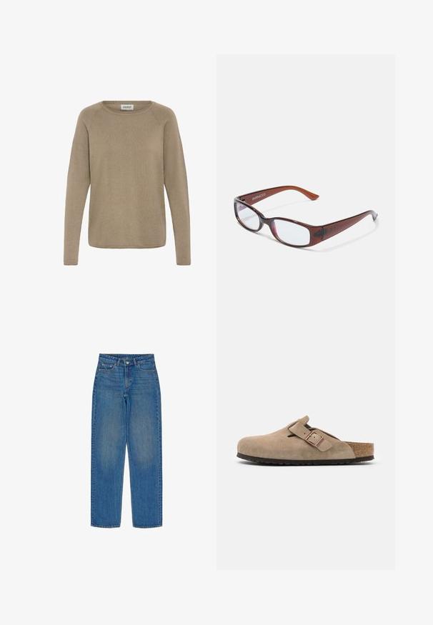 Lysebrunt langærmet sweater lavet af blødt stof, med en rund halsudskæring og ribbet tekstur. Enkel, udekoreret design.; Blå denim jeans med lige ben, der har fem lommer, knaplukning foran og en diskret falmning på stoffet.; Birkenstock BOSTON SFB VL NARROW - Hjemmesko - taupe; Brune-farvede rektangulære briller med en glat overflade, der har slanke arme og gennemsigtige linser. Logoet er synligt på venstre temple.
