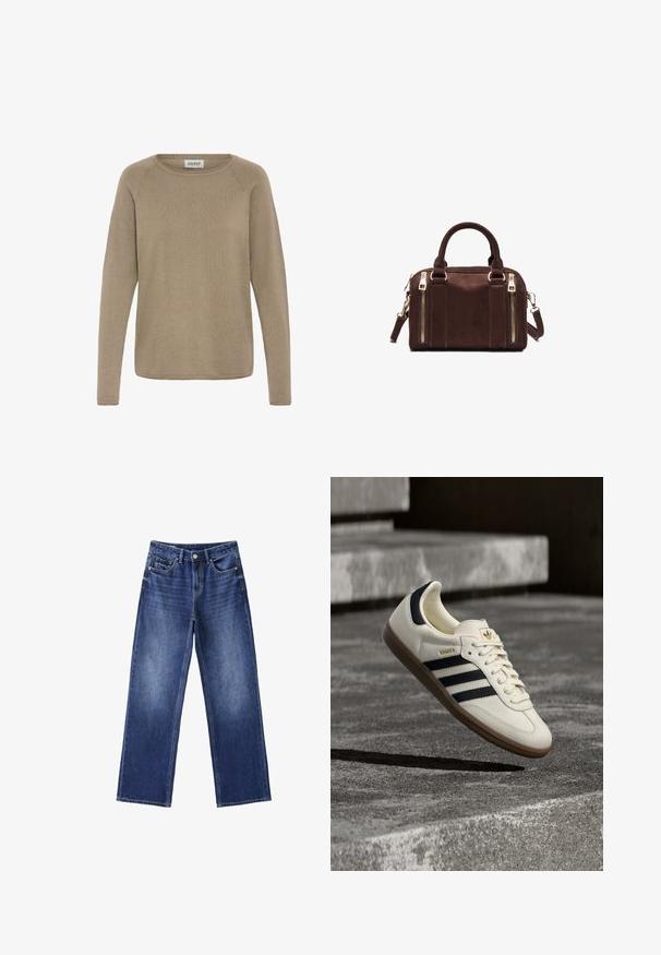 Lysebrunt langærmet sweater lavet af blødt stof, med en rund halsudskæring og ribbet tekstur. Enkel, udekoreret design.; Blå denim jeans med lige ben, for- og baglommer, bæltestropper og knaplukning i taljen.; Hvid Adidas Samba sneaker med sorte striber og gummsål, svævende over teksturerede grå betonstrin.; Brun rektangulær håndtaske i læder med to håndtag, to lodrette lynlåslommer foran og en aftagelig skulderrem.