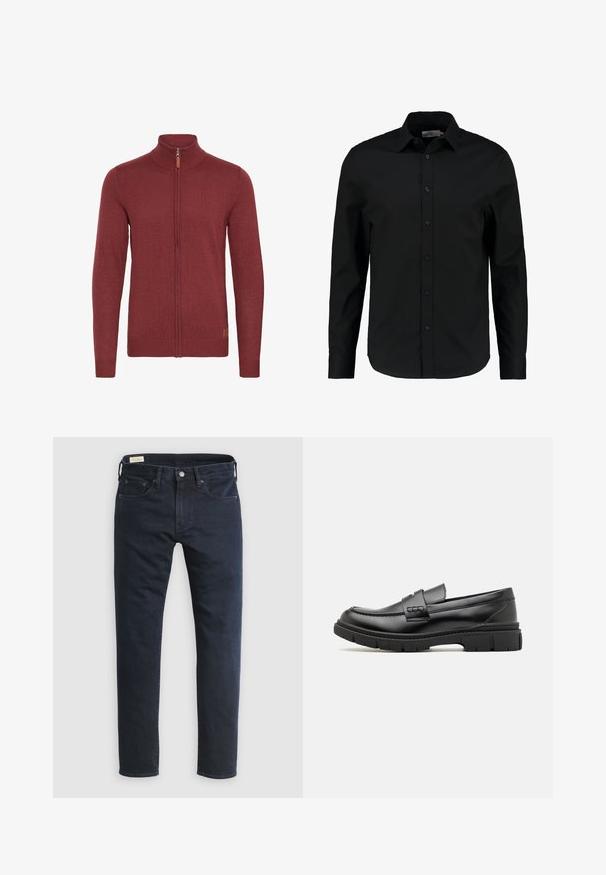 Rode ritsvest met een hoge kraag, geribde manchetten en zoom. Gebreide textuur, met een kleine leren accent bij de rits.; Zwarte lange mouw shirt gemaakt van een gladde stof, heeft een knoopsluiting aan de voorkant, een spitse kraag en een getailleerde pasvorm met een gebogen zoom.; Donkerblauwe denim jeans met een rechte pijp, ontwerp met vijf zakken, knoopsluiting aan de voorkant en minimale stiksel details.; Zwarte leren instapper met een brede band over de voet, rubberen zool met dikke noppen en een gladde textuur. Klassiek, strak ontwerp.