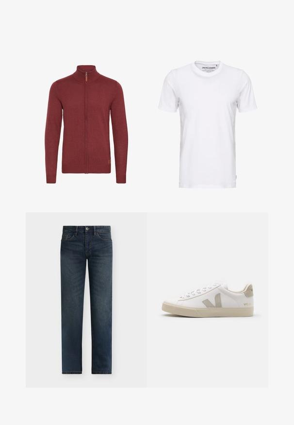 Rode ritsvest met een hoge kraag, geribde manchetten en zoom. Gebreide textuur, met een kleine leren accent bij de rits.; Witte korte mouwen t-shirt van katoen, met een ronde hals en een eenvoudig ontwerp. Merktag zichtbaar op het nekgebied. Geen patronen of accenten.; Donkerblauwe recht gesneden denim jeans met knoop- en ritssluiting, voor- en achterzakken, weergegeven op een witte achtergrond.; Witte leren sneaker met beige accenten, platte rubberen zool, ronde neus en contrasterend logo aan de zijkant en achterkant. Vetersluiting.