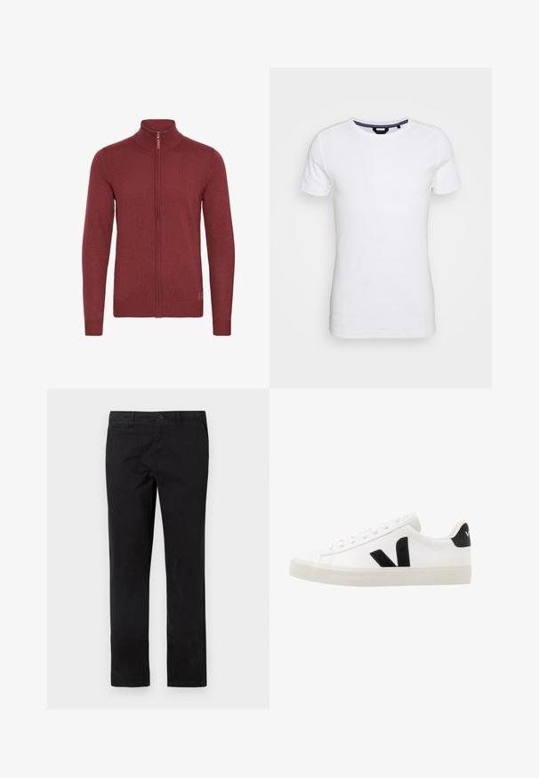 Rode ritsvest met een hoge kraag, geribde manchetten en zoom. Gebreide textuur, met een kleine leren accent bij de rits.; Lindbergh T-shirt basic - white; Zwarte katoenen chinos met een recht silhouet, voorzien van een knoopsluiting en voorzakken, een gladde textuur en minimale stikdetails.; Witte leren sneaker met zwarte suède accenten; voorzien van een rubberen zool, ronde neus en een klassieke vetersluiting. Zijkant met logo in het zwart.